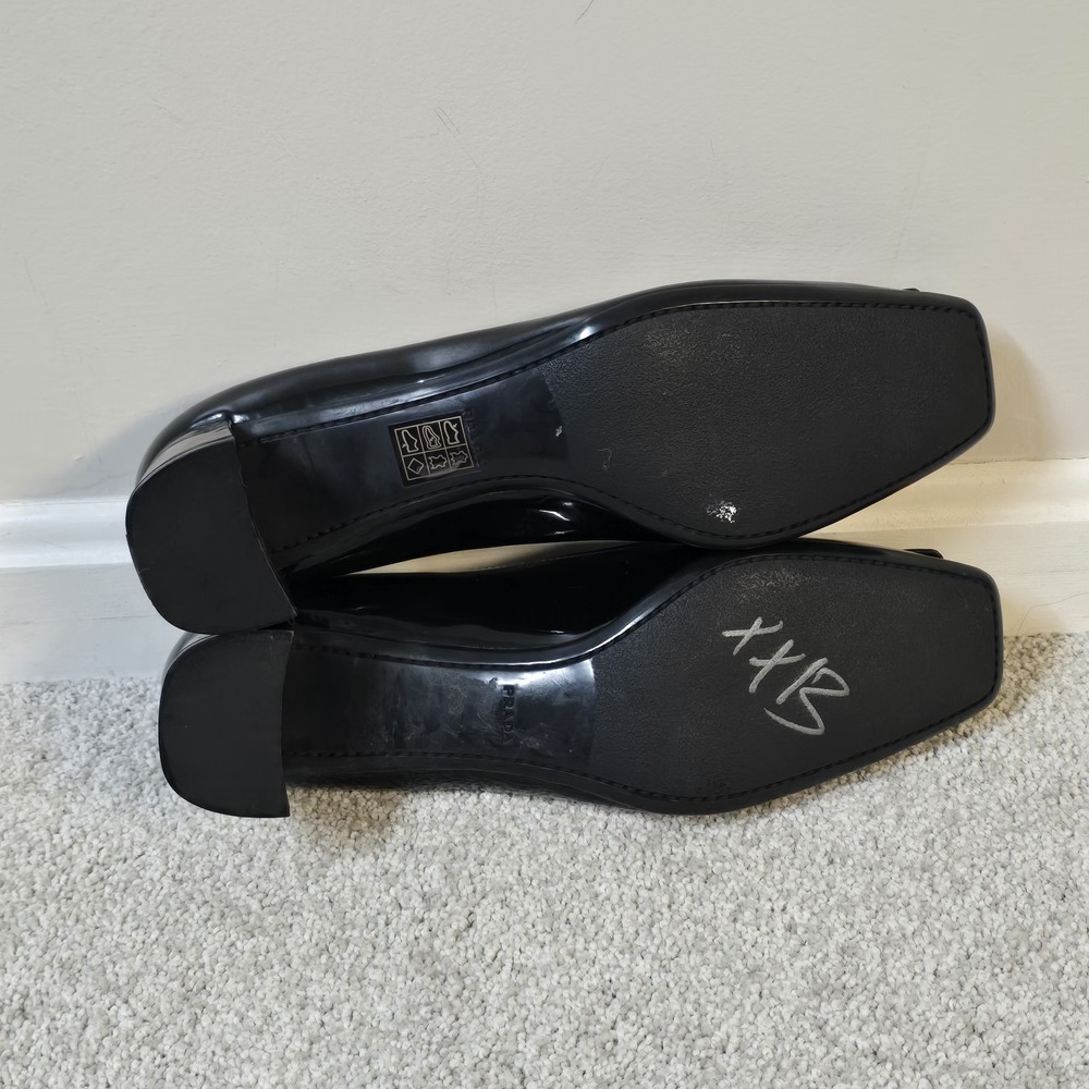 Prada Kiltie Black Patent Leather Block Heel Pumps Women's 41 Square Toe Fringe - Picture 6 of 10